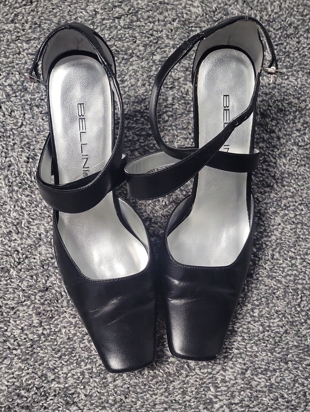 Bellini Black Square-Toe Ankle-Strap Heels